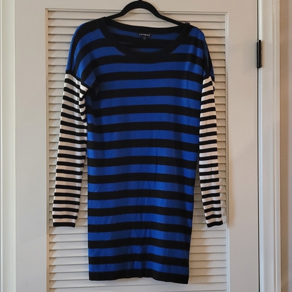 Express - Blue/White/Black Striped Long-Sleeve Dress